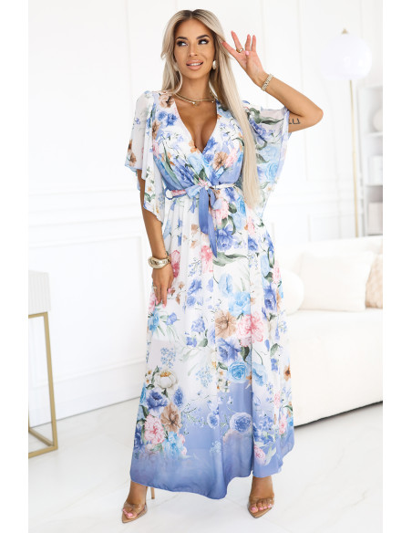 603-3 Erdvi susiaučiama maxi suknelė su gėlių raštu - mėlynos rožės   603-3 Erdvi susiaučiama maxi suknelė su gėlių raštu - mėlynos rožės