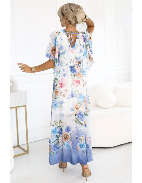 603-3 Erdvi susiaučiama maxi suknelė su gėlių raštu - mėlynos rožės   603-3 Erdvi susiaučiama maxi suknelė su gėlių raštu - mėlynos rožės
