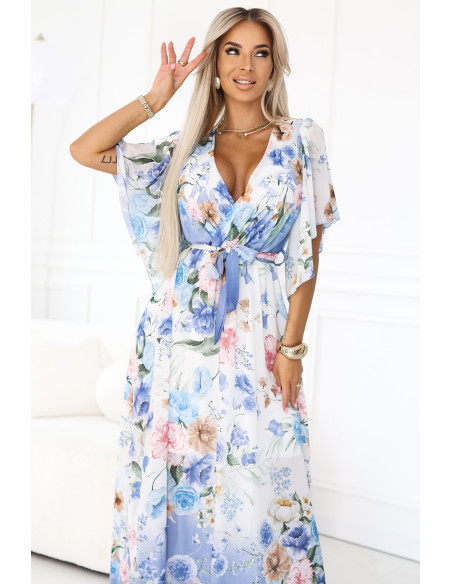 603-3 Erdvi susiaučiama maxi suknelė su gėlių raštu - mėlynos rožės   603-3 Erdvi susiaučiama maxi suknelė su gėlių raštu - mėlynos rožės