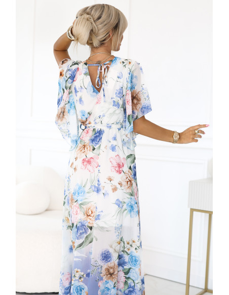 603-3 Erdvi susiaučiama maxi suknelė su gėlių raštu - mėlynos rožės   603-3 Erdvi susiaučiama maxi suknelė su gėlių raštu - mėlynos rožės