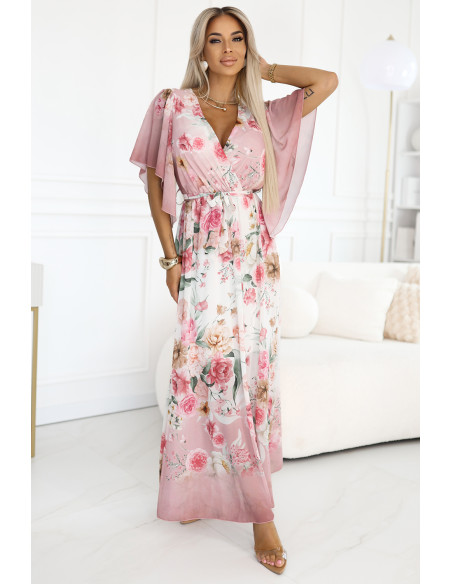 603-4 Erdvi susiaučiama maxi suknelė su gėlių raštu - rožinės rožės   603-4 Erdvi susiaučiama maxi suknelė su gėlių raštu - rožinės rožės