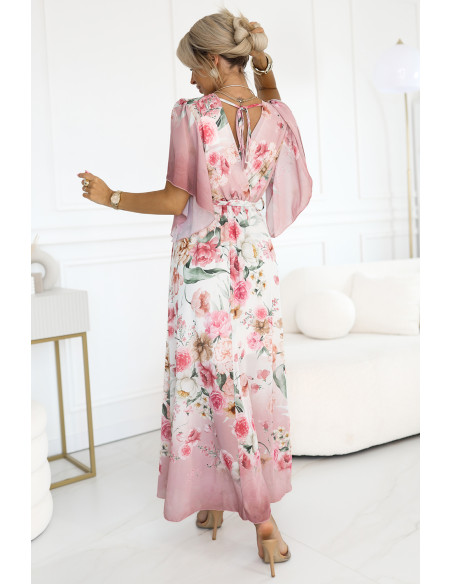 603-4 Erdvi susiaučiama maxi suknelė su gėlių raštu - rožinės rožės   603-4 Erdvi susiaučiama maxi suknelė su gėlių raštu - rožinės rožės