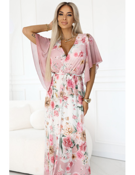 603-4 Erdvi susiaučiama maxi suknelė su gėlių raštu - rožinės rožės   603-4 Erdvi susiaučiama maxi suknelė su gėlių raštu - rožinės rožės