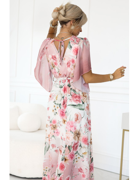 603-4 Erdvi susiaučiama maxi suknelė su gėlių raštu - rožinės rožės   603-4 Erdvi susiaučiama maxi suknelė su gėlių raštu - rožinės rožės