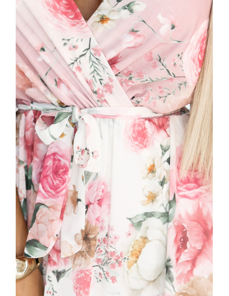 603-4 Erdvi susiaučiama maxi suknelė su gėlių raštu - rožinės rožės   603-4 Erdvi susiaučiama maxi suknelė su gėlių raštu - rožinės rožės