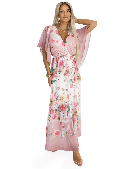 603-4 Erdvi susiaučiama maxi suknelė su gėlių raštu - rožinės rožės   603-4 Erdvi susiaučiama maxi suknelė su gėlių raštu - rožinės rožės