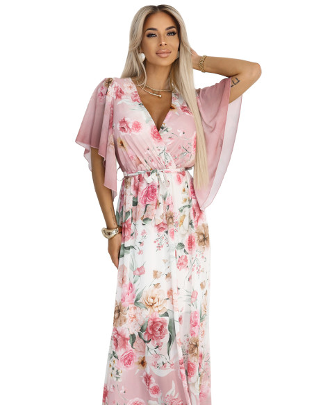 603-4 Erdvi susiaučiama maxi suknelė su gėlių raštu - rožinės rožės   603-4 Erdvi susiaučiama maxi suknelė su gėlių raštu - rožinės rožės