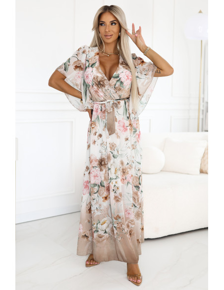 603-2 Erdvi susiaučiama maxi suknelė su gėlių raštu - smėlio spalvos rožės   603-2 Erdvi susiaučiama maxi suknelė su gėlių raštu - smėlio spalvos rožės