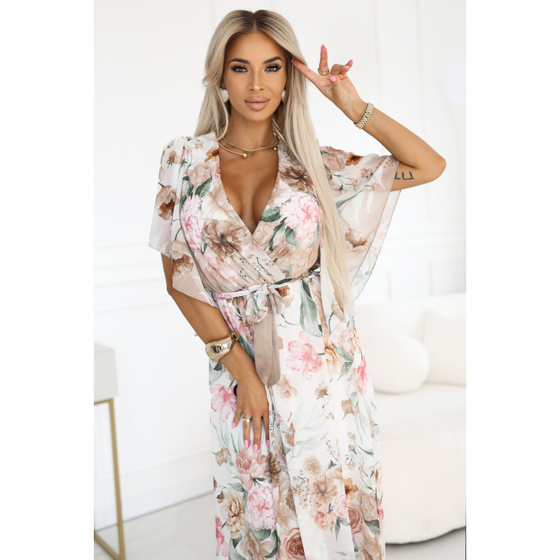 603-2 Erdvi susiaučiama maxi suknelė su gėlių raštu - smėlio spalvos rožės  2