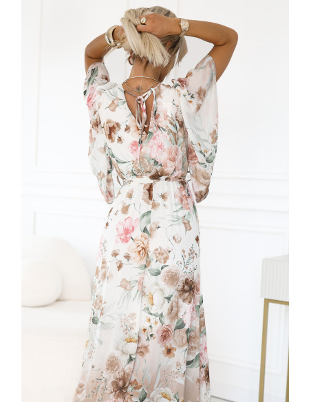 603-2 Erdvi susiaučiama maxi suknelė su gėlių raštu - smėlio spalvos rožės   603-2 Erdvi susiaučiama maxi suknelė su gėlių raštu - smėlio spalvos rožės