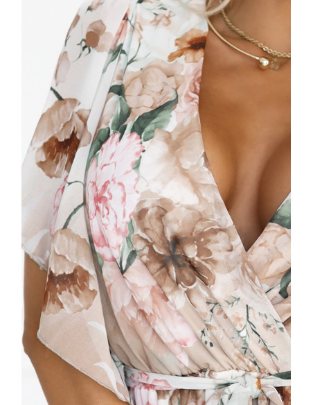 603-2 Erdvi susiaučiama maxi suknelė su gėlių raštu - smėlio spalvos rožės   603-2 Erdvi susiaučiama maxi suknelė su gėlių raštu - smėlio spalvos rožės