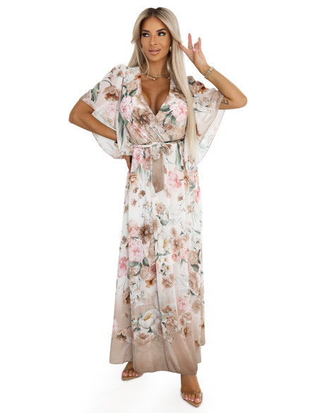 603-2 Erdvi susiaučiama maxi suknelė su gėlių raštu - smėlio spalvos rožės   603-2 Erdvi susiaučiama maxi suknelė su gėlių raštu - smėlio spalvos rožės