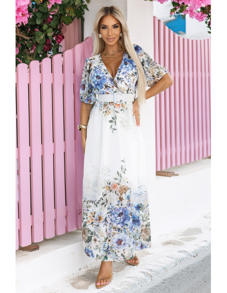  613-1 CELINA Erdvi maksi suknelė su voko formos iškirpte, diržu ir gėlių ombre - šviesiai mėlyna 