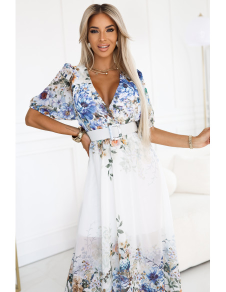  613-1 CELINA Erdvi maksi suknelė su voko formos iškirpte, diržu ir gėlių ombre - šviesiai mėlyna 