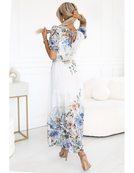  613-1 CELINA Erdvi maksi suknelė su voko formos iškirpte, diržu ir gėlių ombre - šviesiai mėlyna 