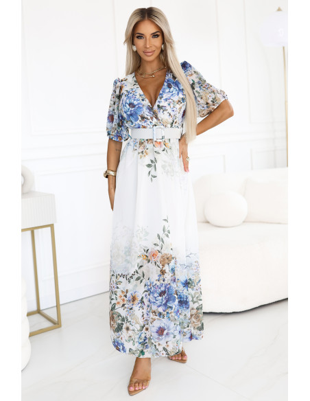  613-1 CELINA Erdvi maksi suknelė su voko formos iškirpte, diržu ir gėlių ombre - šviesiai mėlyna 