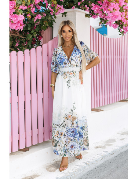  613-1 CELINA Erdvi maksi suknelė su voko formos iškirpte, diržu ir gėlių ombre - šviesiai mėlyna 