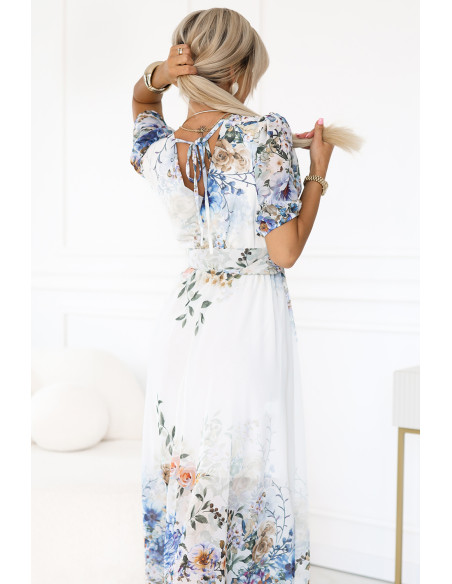  613-1 CELINA Erdvi maksi suknelė su voko formos iškirpte, diržu ir gėlių ombre - šviesiai mėlyna 