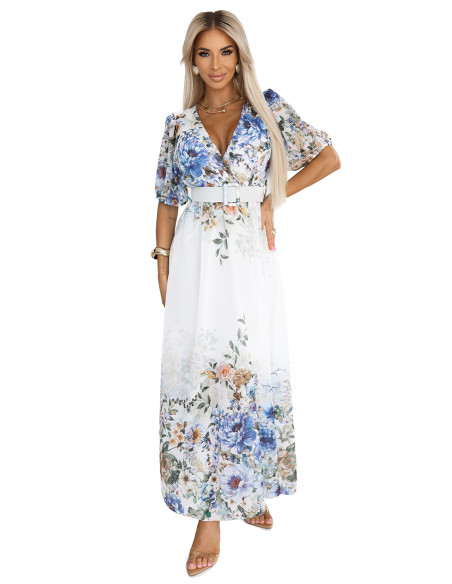  613-1 CELINA Erdvi maksi suknelė su voko formos iškirpte, diržu ir gėlių ombre - šviesiai mėlyna 