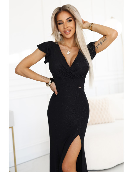 598-1 IRINA akinanti ilga suknelė su brokatu, voko formos iškirpte ir praplatėjimu ant kojos - juoda   598-1 IRINA akinanti ilga suknelė su brokatu, voko formos iškirpte ir praplatėjimu ant kojos - juoda