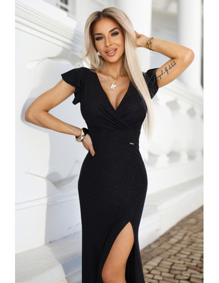 598-1 IRINA akinanti ilga suknelė su brokatu, voko formos iškirpte ir praplatėjimu ant kojos - juoda   598-1 IRINA akinanti ilga suknelė su brokatu, voko formos iškirpte ir praplatėjimu ant kojos - juoda