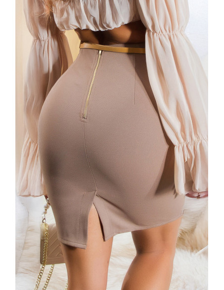 616-1 Prigludęs sijonas aukštu liemeniu su diržu - Cappuccino   616-1 Prigludęs sijonas aukštu liemeniu su diržu - Cappuccino