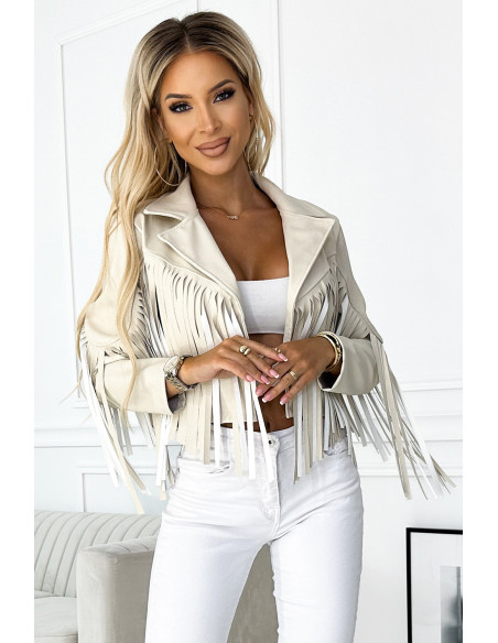 624-1 Trumpa striukė su kutais iš minkštos eko odos - smėlio spalvos   624-1 Trumpa striukė su kutais iš minkštos eko odos - smėlio spalvos