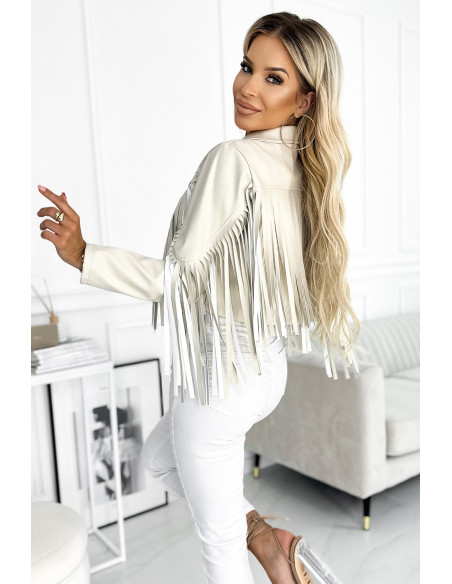 624-1 Trumpa striukė su kutais iš minkštos eko odos - smėlio spalvos   624-1 Trumpa striukė su kutais iš minkštos eko odos - smėlio spalvos