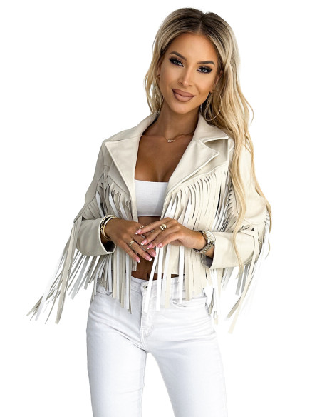 624-1 Trumpa striukė su kutais iš minkštos eko odos - smėlio spalvos   624-1 Trumpa striukė su kutais iš minkštos eko odos - smėlio spalvos