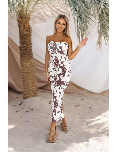  611-1 SAVANNAH prigludusi suknelė be petnešėlių - rudos ir baltos spalvų boho raštas 