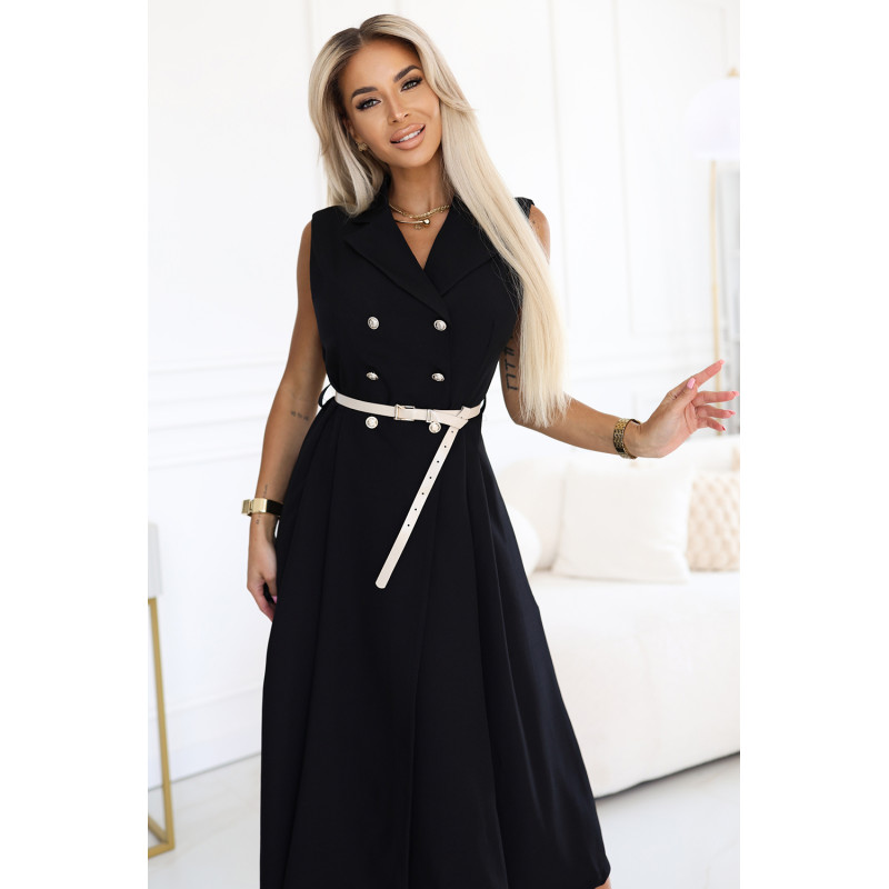 596-3 Elegantiška midi marškinių suknelė su auksinėmis sagomis ir diržu - juoda  2