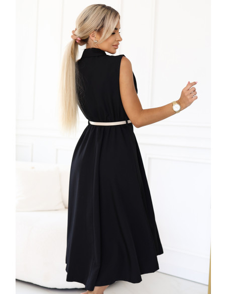 596-3 Elegantiška midi marškinių suknelė su auksinėmis sagomis ir diržu - juoda   596-3 Elegantiška midi marškinių suknelė su auksinėmis sagomis ir diržu - juoda