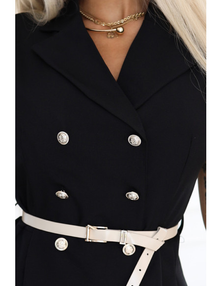 596-3 Elegantiška midi marškinių suknelė su auksinėmis sagomis ir diržu - juoda   596-3 Elegantiška midi marškinių suknelė su auksinėmis sagomis ir diržu - juoda