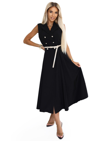 596-3 Elegantiška midi marškinių suknelė su auksinėmis sagomis ir diržu - juoda   596-3 Elegantiška midi marškinių suknelė su auksinėmis sagomis ir diržu - juoda