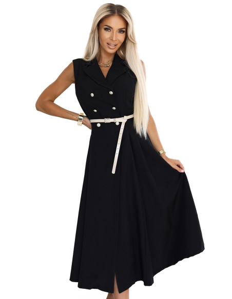 596-3 Elegantiška midi marškinių suknelė su auksinėmis sagomis ir diržu - juoda   596-3 Elegantiška midi marškinių suknelė su auksinėmis sagomis ir diržu - juoda