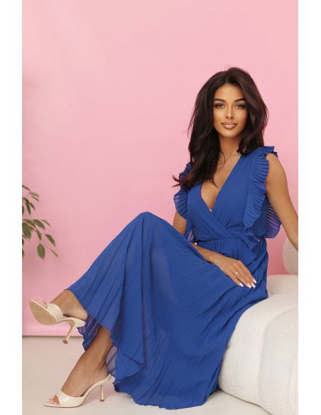  315-8 EMILY Plisuota suknelė su raukiniais ir iškirpte - rugiagėlių mėlyna 