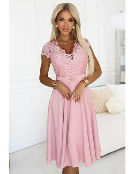  381-6 LINDA - šifoninė suknelė su nėriniuota iškirpte - purvinai rožinė 