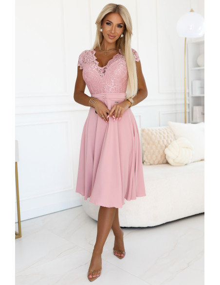  381-6 LINDA - šifoninė suknelė su nėriniuota iškirpte - purvinai rožinė 