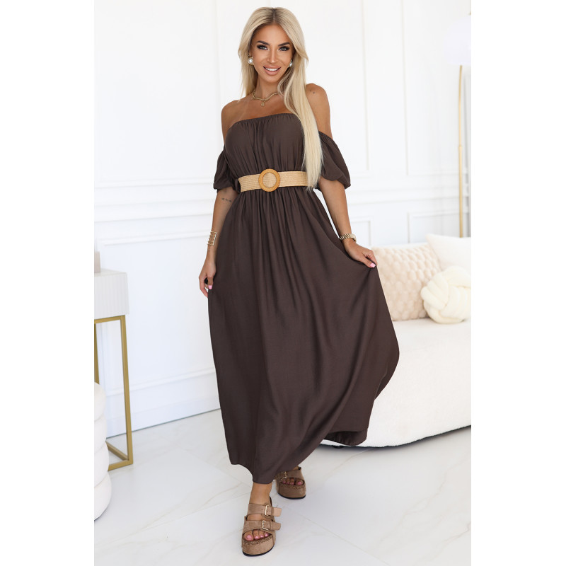 614-1 Boho maxi suknelė su petnešėlėmis - šokoladinė  2