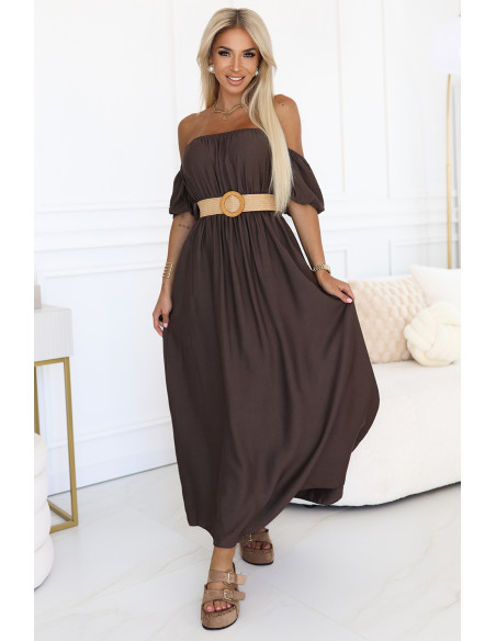 614-1 Boho maxi suknelė su petnešėlėmis - šokoladinė   614-1 Boho maxi suknelė su petnešėlėmis - šokoladinė