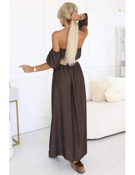 614-1 Boho maxi suknelė su petnešėlėmis - šokoladinė   614-1 Boho maxi suknelė su petnešėlėmis - šokoladinė