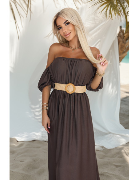 614-1 Boho maxi suknelė su petnešėlėmis - šokoladinė   614-1 Boho maxi suknelė su petnešėlėmis - šokoladinė