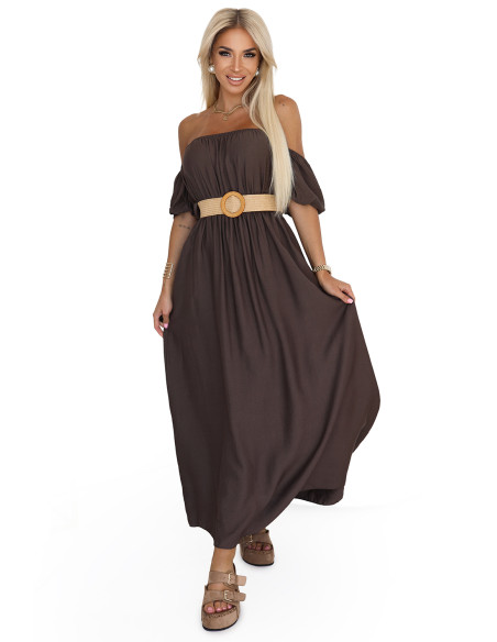 614-1 Boho maxi suknelė su petnešėlėmis - šokoladinė   614-1 Boho maxi suknelė su petnešėlėmis - šokoladinė