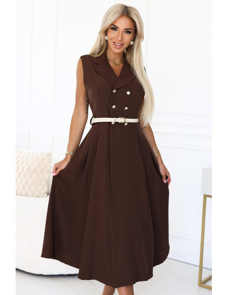  596-4 Elegantiška midi marškinių suknelė su auksinėmis sagomis ir diržu - šokoladinė 