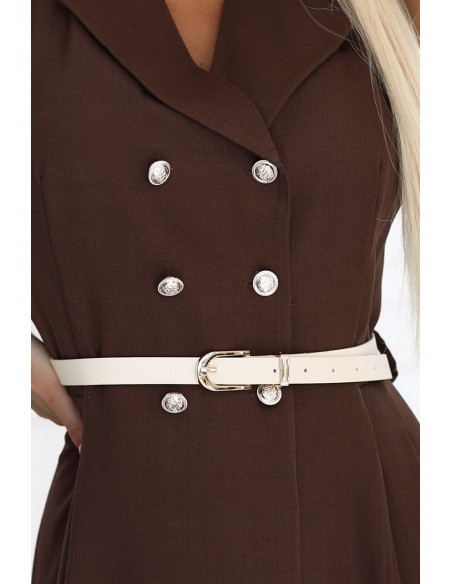  596-4 Elegantiška midi marškinių suknelė su auksinėmis sagomis ir diržu - šokoladinė 