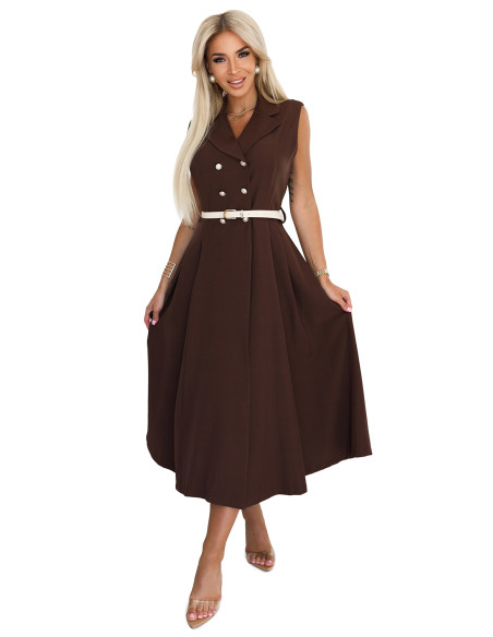 596-4 Elegantiška midi marškinių suknelė su auksinėmis sagomis ir diržu - šokoladinė 