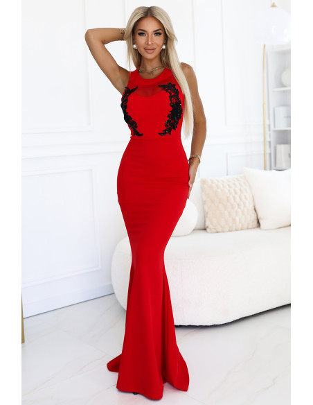 617-3 Ilga undinės suknelė su juodais nėriniais ir tinkleliu - raudona   617-3 Ilga undinės suknelė su juodais nėriniais ir tinkleliu - raudona