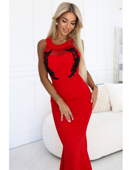 617-3 Ilga undinės suknelė su juodais nėriniais ir tinkleliu - raudona   617-3 Ilga undinės suknelė su juodais nėriniais ir tinkleliu - raudona