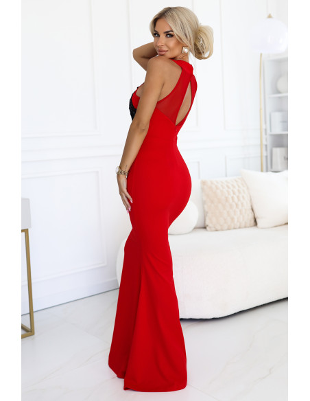 617-3 Ilga undinės suknelė su juodais nėriniais ir tinkleliu - raudona   617-3 Ilga undinės suknelė su juodais nėriniais ir tinkleliu - raudona