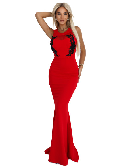 617-3 Ilga undinės suknelė su juodais nėriniais ir tinkleliu - raudona   617-3 Ilga undinės suknelė su juodais nėriniais ir tinkleliu - raudona